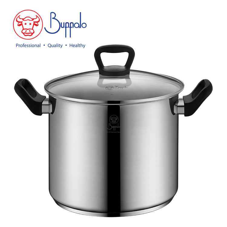 BUFFALO PREMIUM COOK I S/ST CAPSULED BOTTOM  HIGH STOCKPOT WITH GLASS LID (26X21CM/10.5L)(0.6MM)