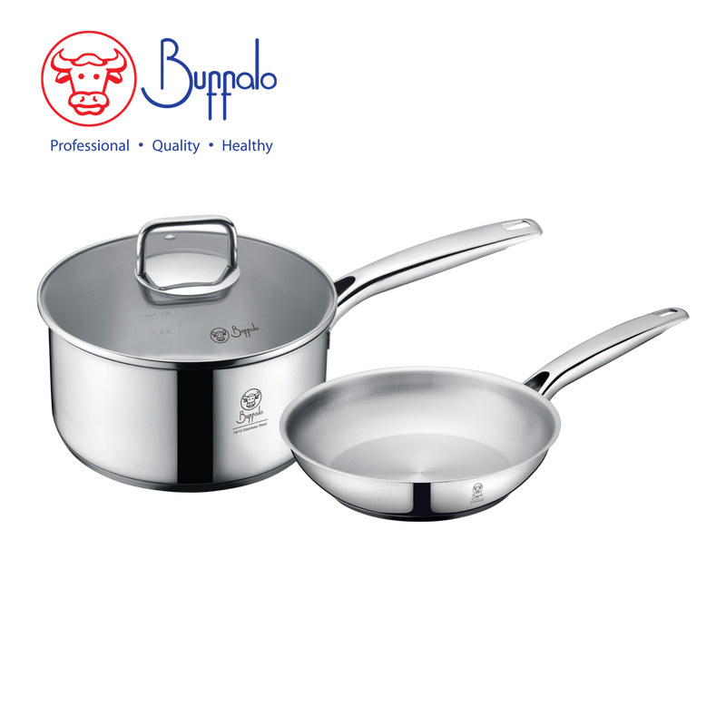 BUFFALO PRO TWINS COOK 3-PC COOKWARE SET: 20X10CM/2.7L SAUCEPAN W/GLASS LID+ 20CM FRYPAN