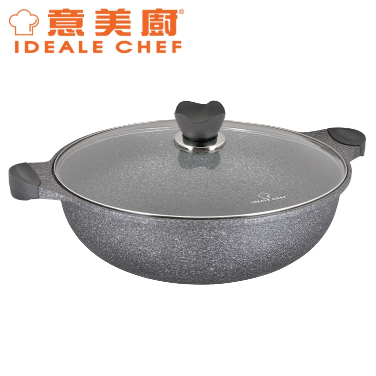 意美廚韓國製JUMBO鋼化鑄鋁大理石紋易潔36X10.5CM雙耳鍋連玻璃蓋