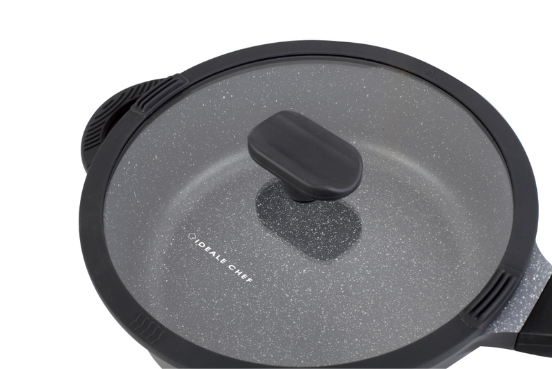 意美廚鋼化鑄鋁雲石紋易潔24X7.7CM單柄深煎鍋連玻璃蓋- 深灰色