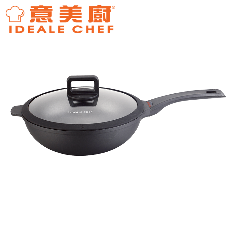 意美廚鋼化鑄鋁黑色易潔30X9.5CM單柄炒鍋連玻璃蓋 (感溫手柄)