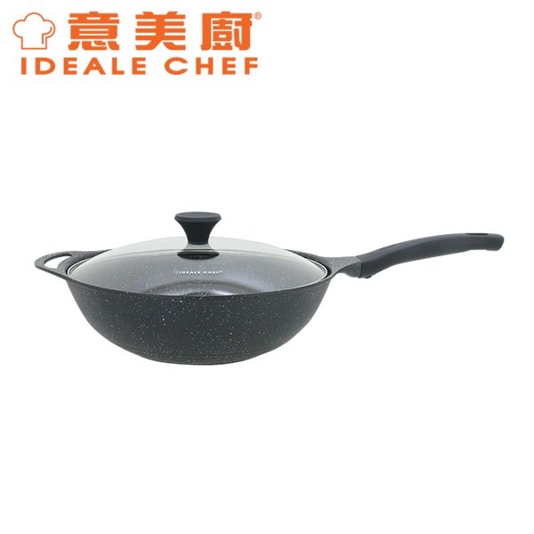 IDEALE CHEF BLACK MARBLE I DIE-CAST MARBLED NON-STICK FRY WOK W/GLASS LID (32X9.2CM/4.5L)(MARBLED)