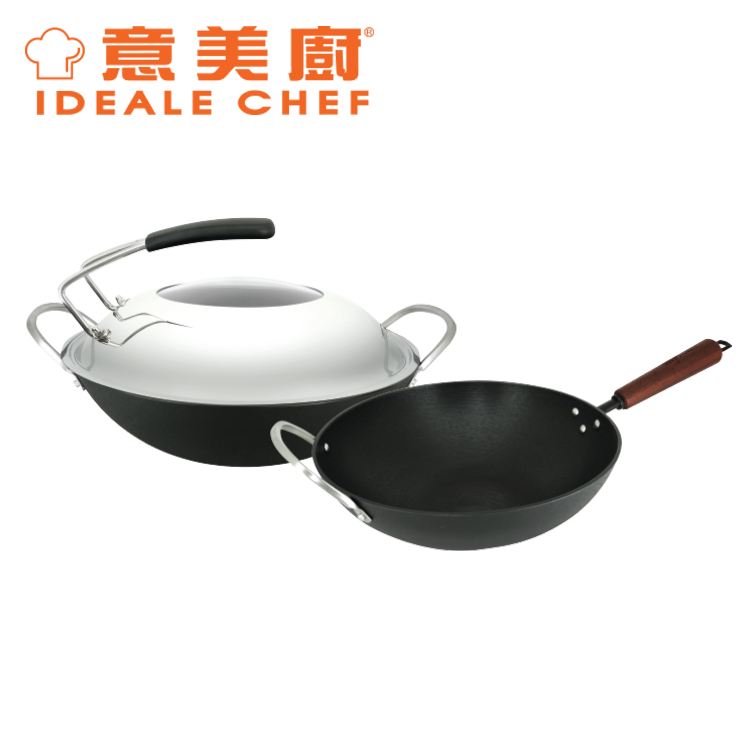 IDEALE CHEF NITRIDE CAST IRON 30CM SH FLAT BOTTOM FRY WOK W/SST, WD LID AND TURNER