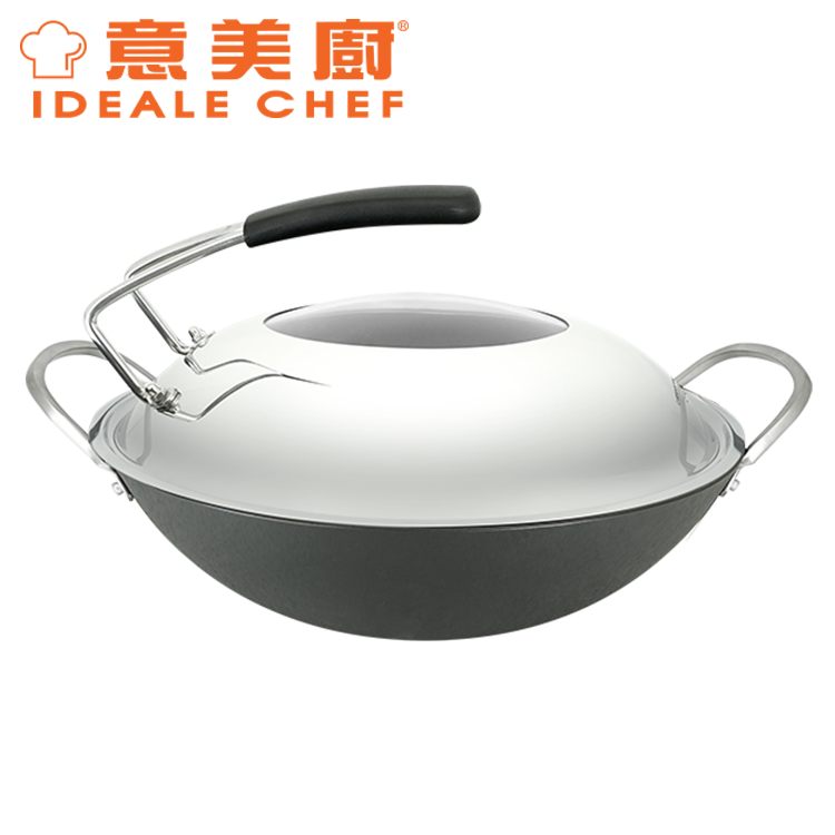 IDEALE CHEF NITRIDE CAST IRON 36CM DH ROUND BOTTOM FRY WOK W/SST, WD LID AND TURNER