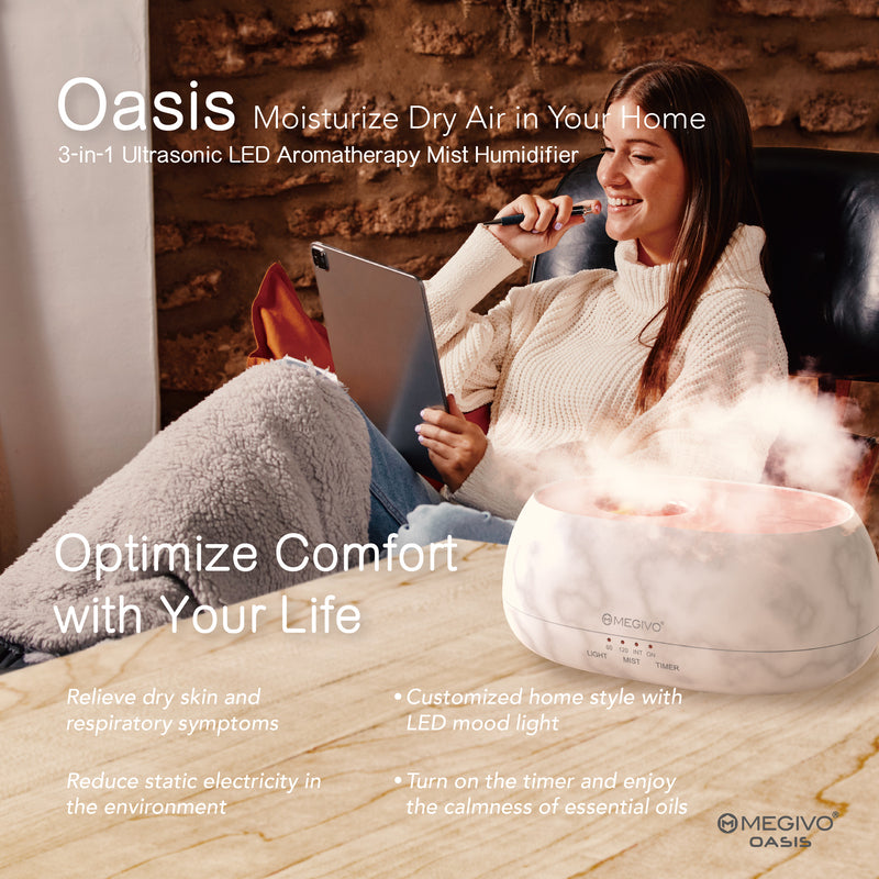 MEGIVO Oasis 3-in-1 Ultrasonic LED Aromatherapy Mist Humidifier