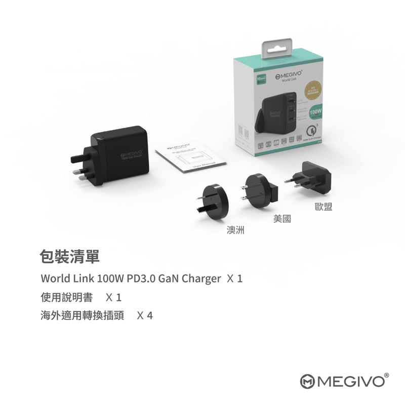 MEGIVO World Link M-WL100W-BK 3端口 100W PD3.0 & QC 3.0 GaN 充電器